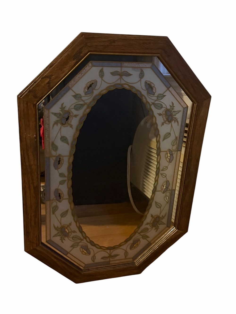 Vintage 80s Etched Cottagecore Floral Mirror Octogon 31"x21",